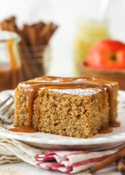 A slice of applesauce cake with caramel sauce drizzled over it.