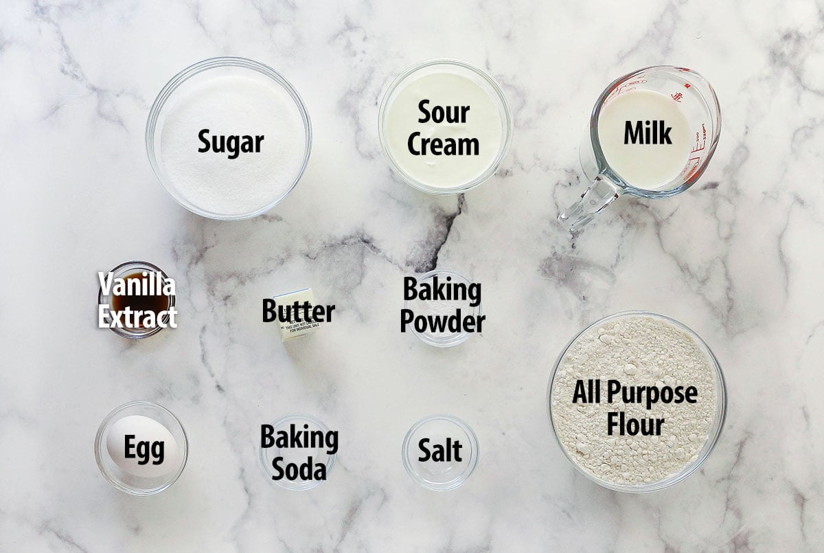 Labeled ingredients for baked donuts recipe.