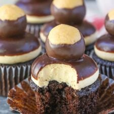 Close up of a peanut butter chocolate buckeye cupcake with a bite taken out of it.