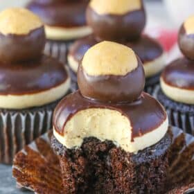 Close up of a peanut butter chocolate buckeye cupcake with a bite taken out of it.