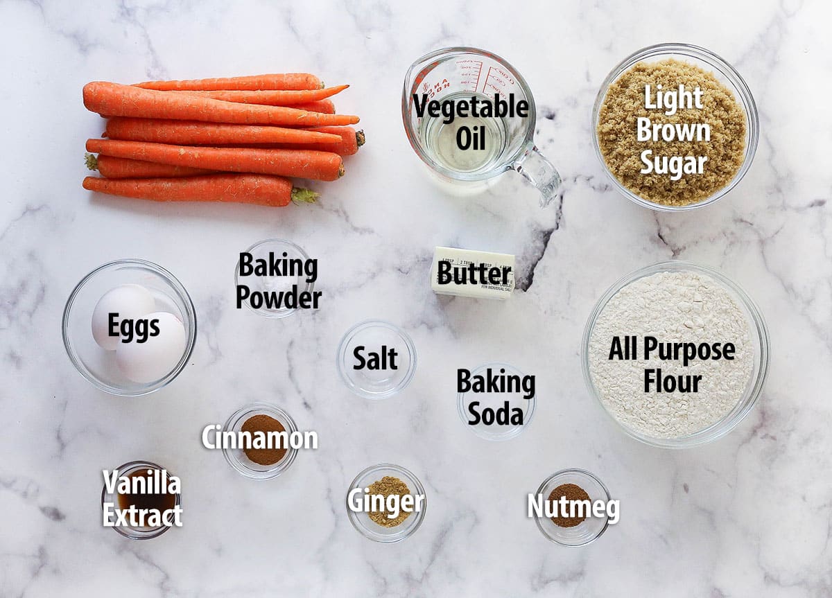Labeled ingredients for carrot cake loaf.