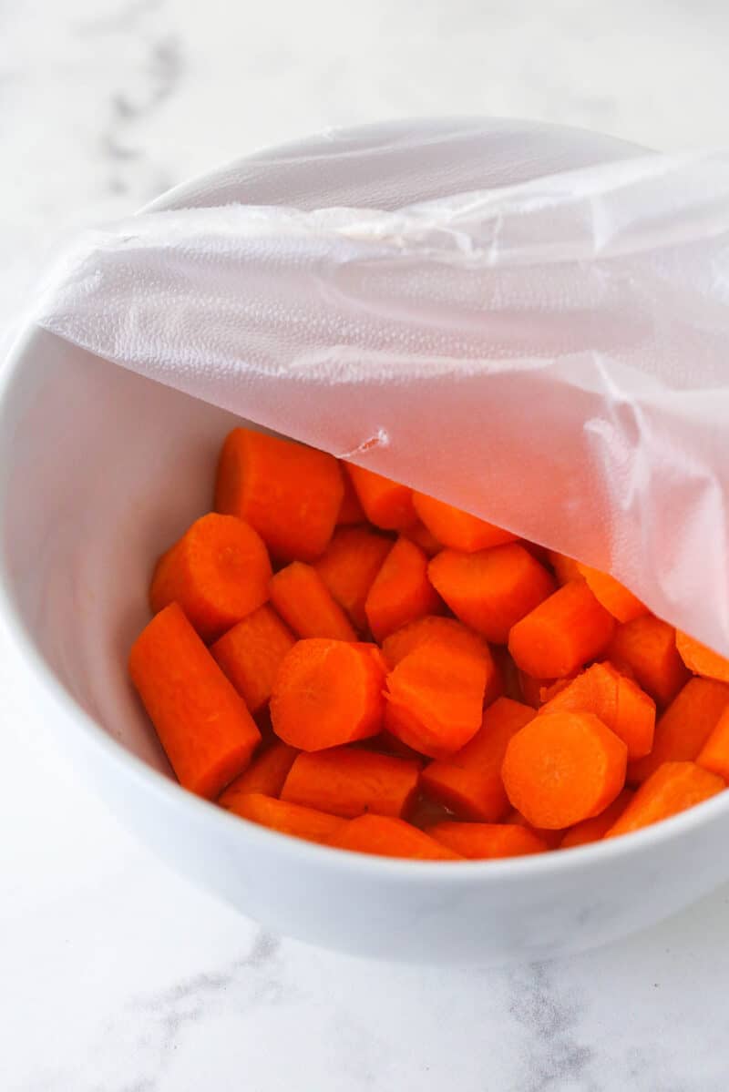 Chunks of carrot steamed in the microwave.