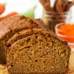 Slices of carrot cake taken from a loaf.