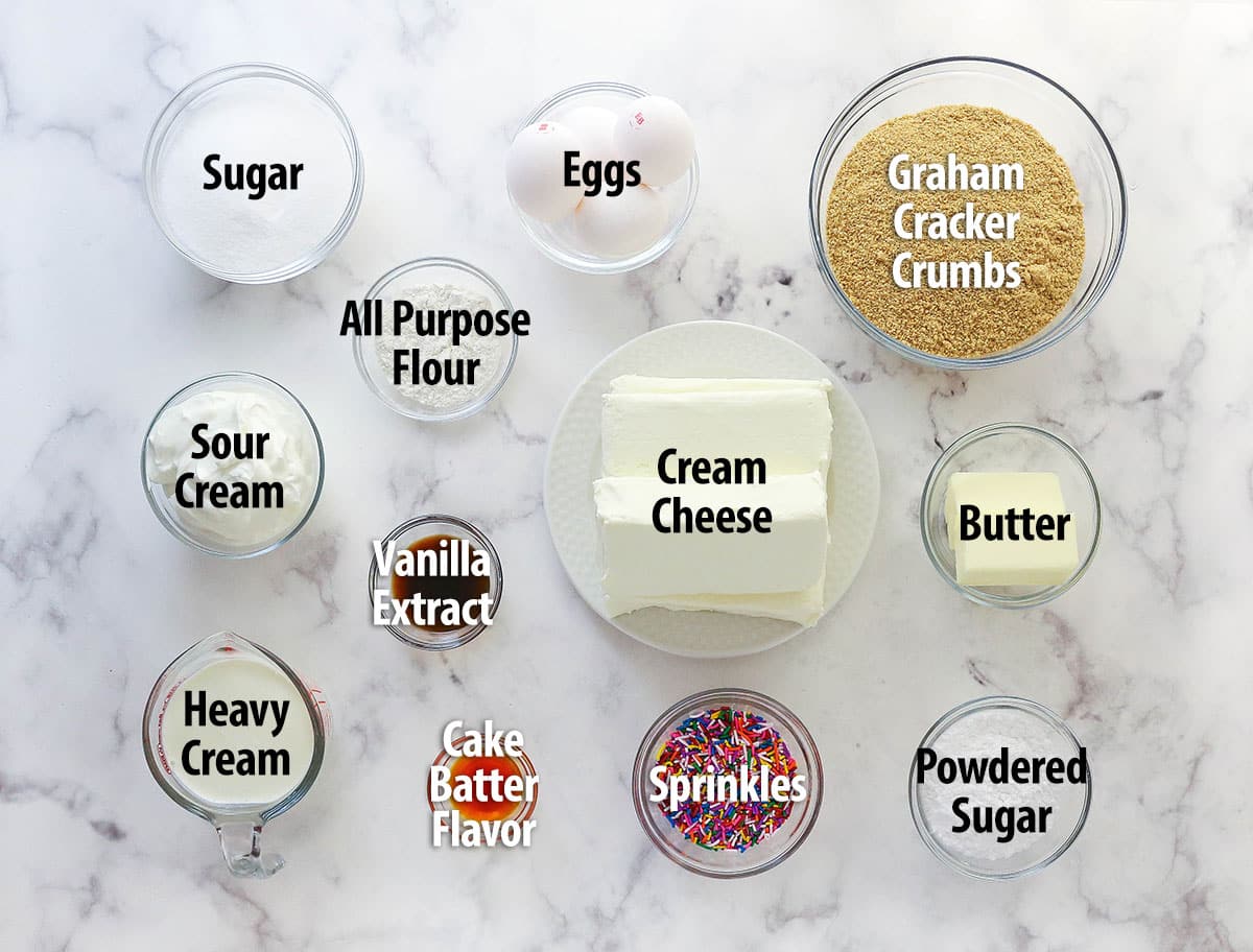 Labeled ingrediens for funfetti cheesecake.