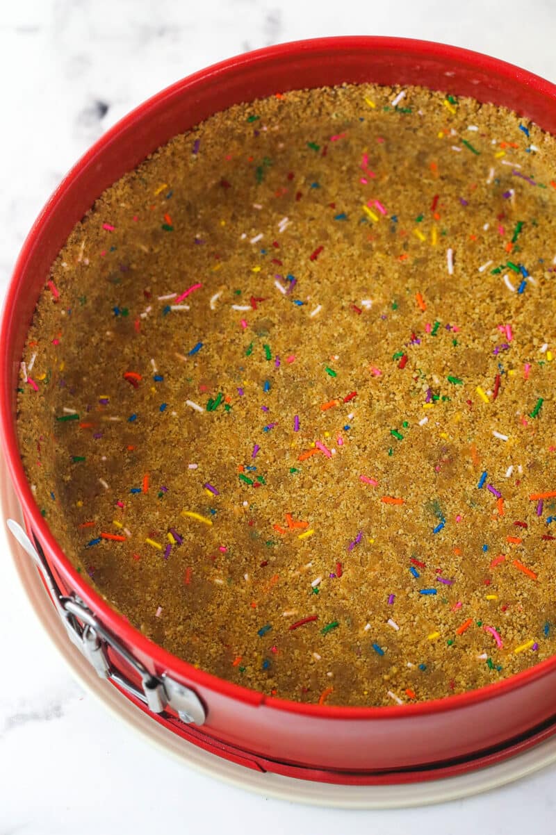 Funfetti graham cracker crust pressed into the bottom and up the sides of a springform pan.