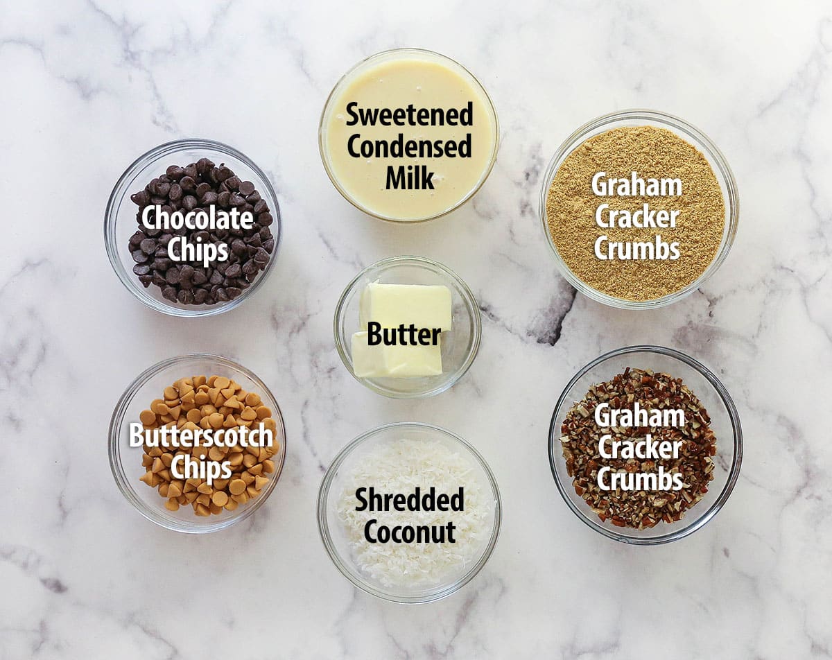 Labeled ingredients for magic cookie bars.
