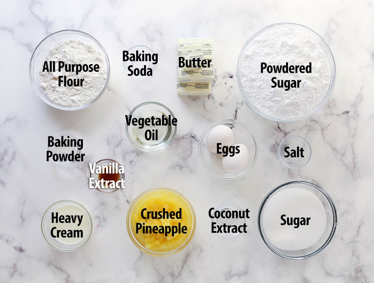 Labeled ingredients for pina colada cupcakes.