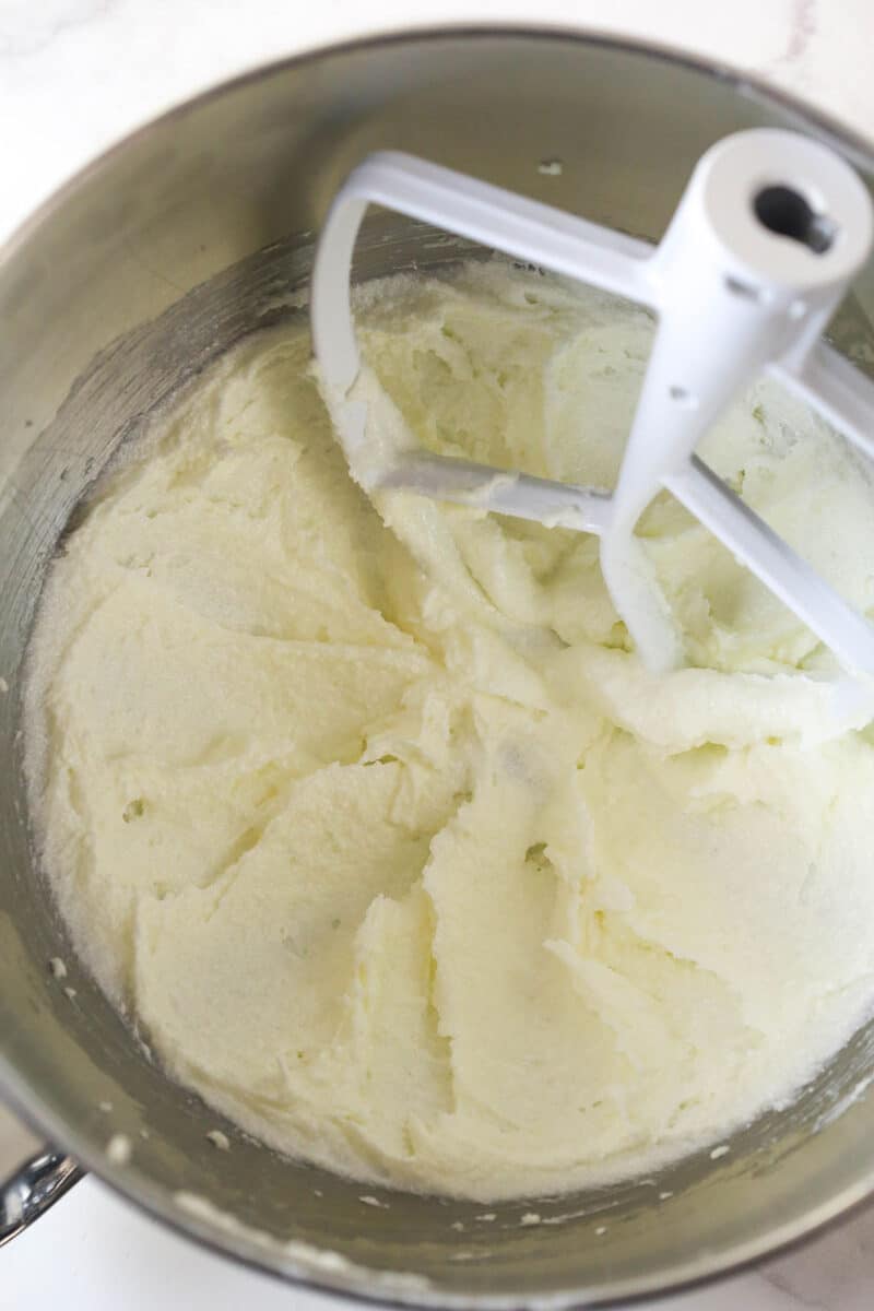 Creaming together butter, oil, and sugar for cupcake batter.