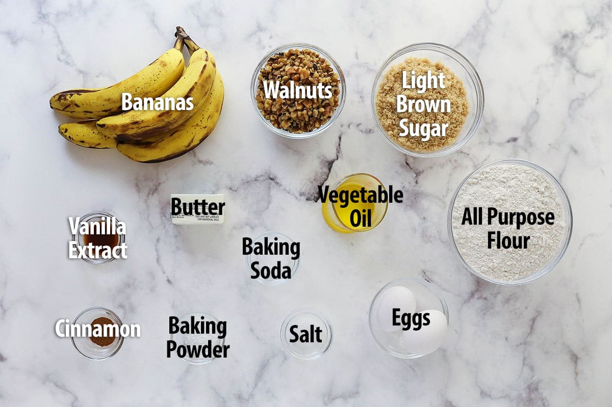 This easy Banana Nut Bread is top-notch. Supremely moist with BIG banana flavor and a hint of cinnamon, it's sure to become your new go-to! Ingredients for banana nut bread.