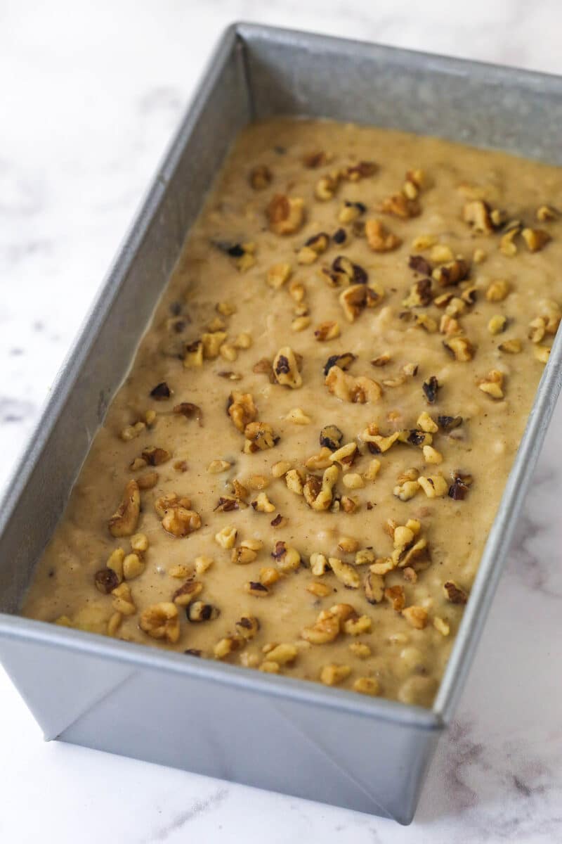 Banana nut batter in a loaf pan.