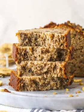 A stack of banana nut bread slices.