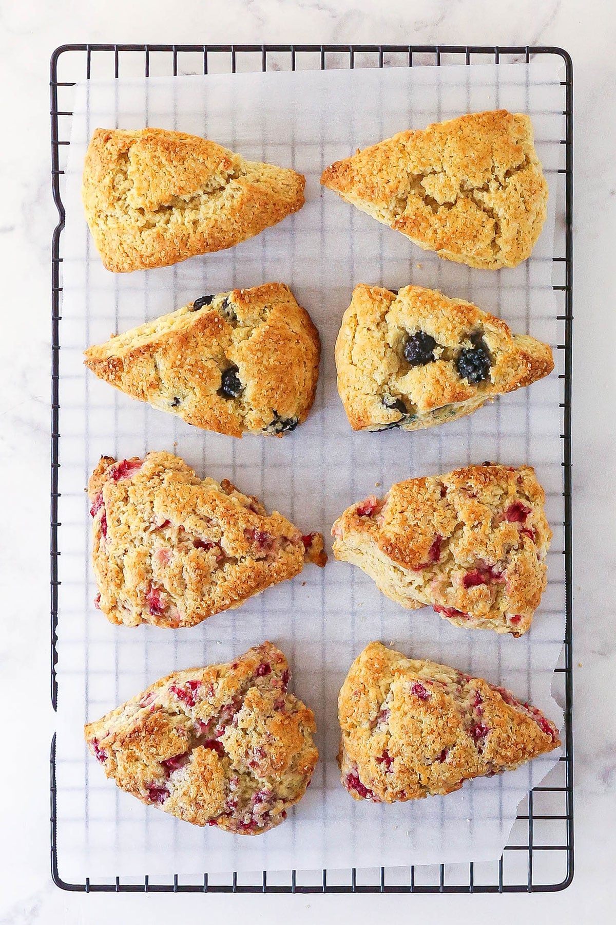 Scones cooling on a wire rack.