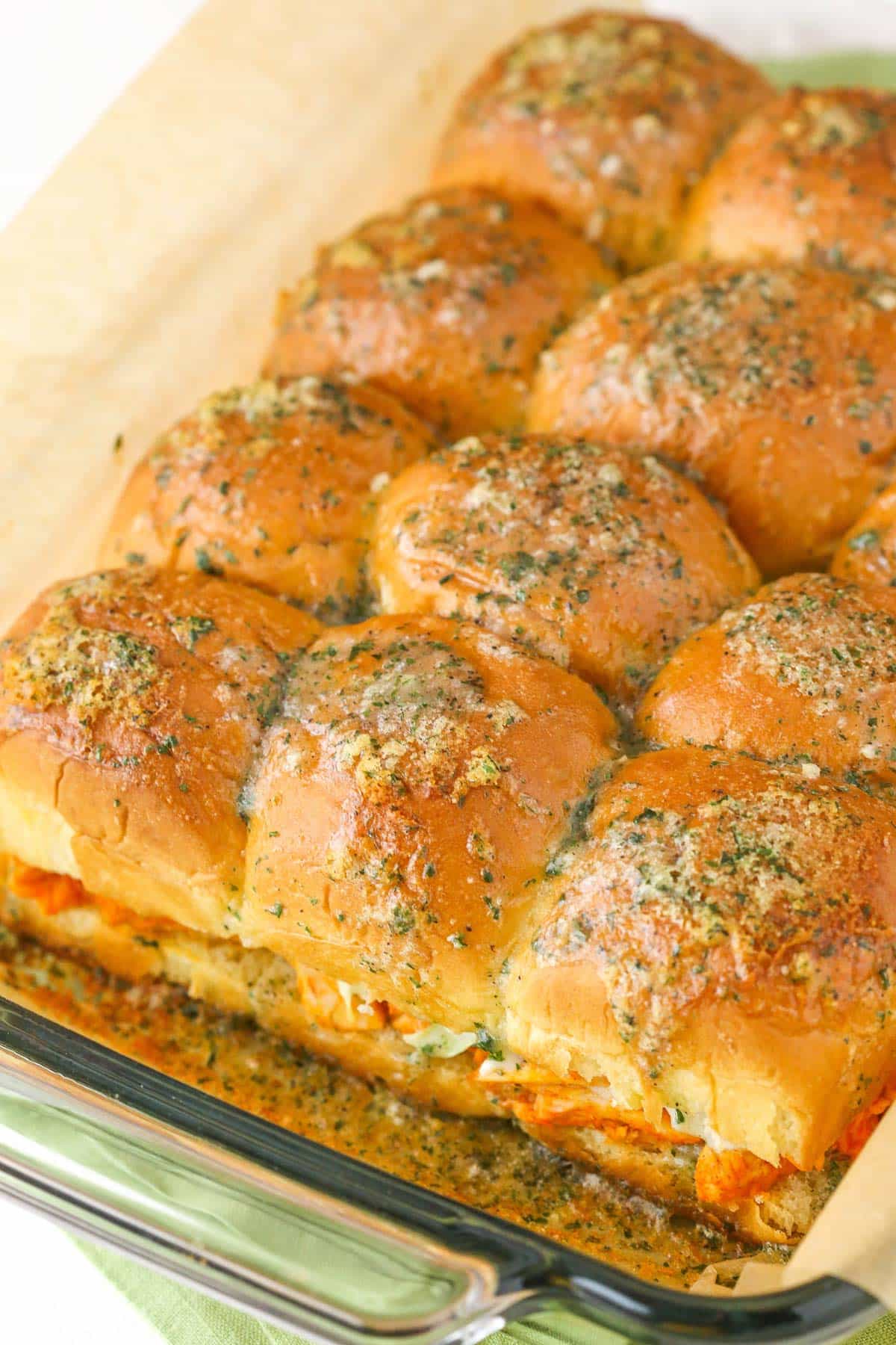 A pan of buffalo chicken sliders.