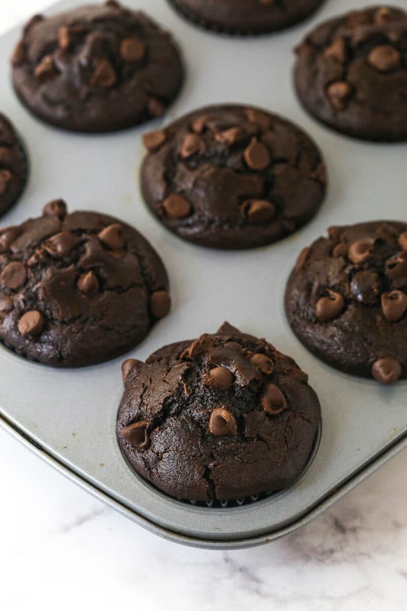 These Chocolate Muffins are so tender and supremely moist. Plus, they're loaded with chocolate flavor and packed with chocolate chips! Chocolate muffins cooling in a muffin pan.
