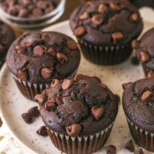 Chocolate muffins on a plate.