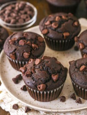 Chocolate muffins on a plate.