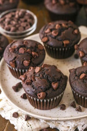 Chocolate muffins on a plate.