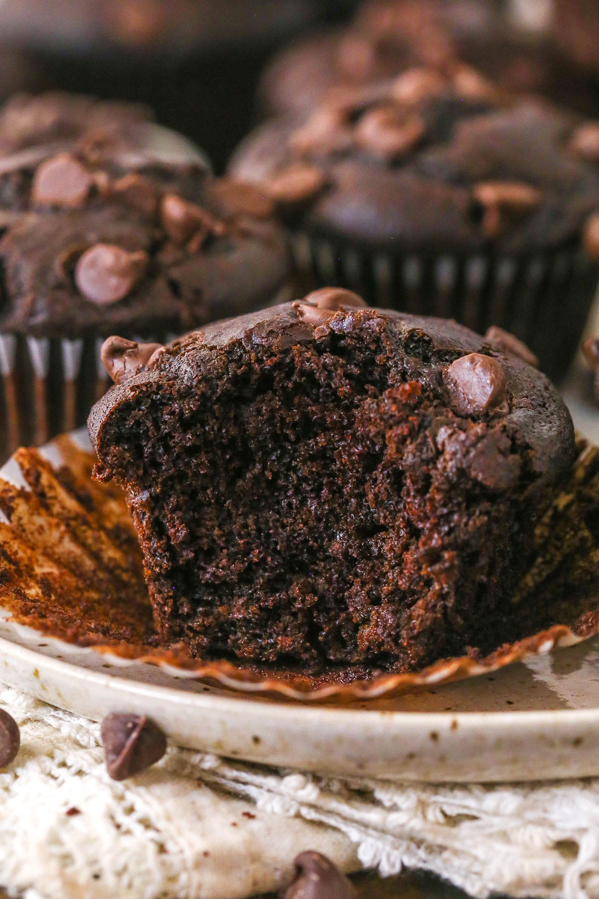 These Chocolate Muffins are so tender and supremely moist. Plus, they're loaded with chocolate flavor and packed with chocolate chips! A chocolate muffin with a bite taken out of it.