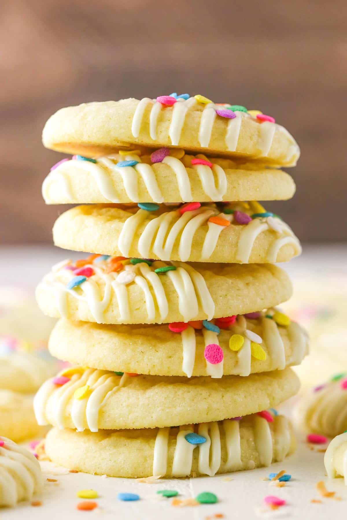 Side view of a tall stack of Coconut Sugar Cookies.