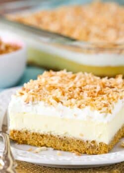 Close up of a slice of easy coconut cheesecake on a small white plate.