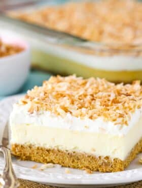 Close up of a slice of easy coconut cheesecake on a small white plate.