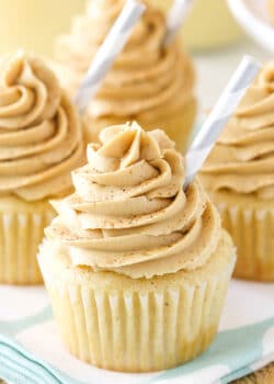Close up of an eggnog latte cupcake.