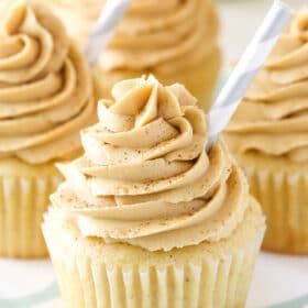 Close up of an eggnog latte cupcake.