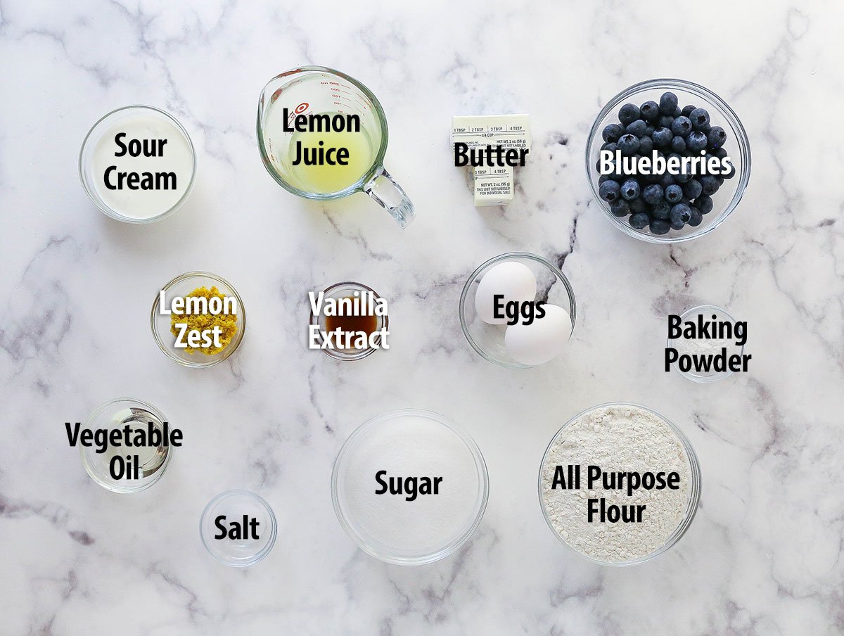 Ingredients for lemon blueberry bread.