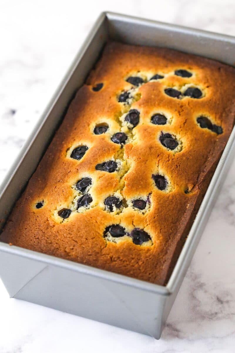 Lemon blueberry bread cooling in a loaf pan.