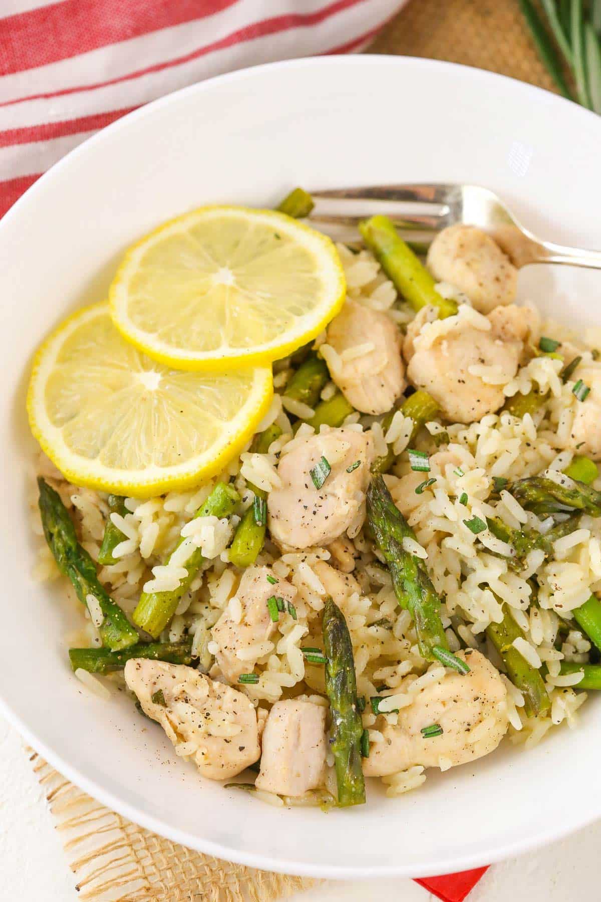 Close up of a bowl of lemon rosemary chicken and rice.