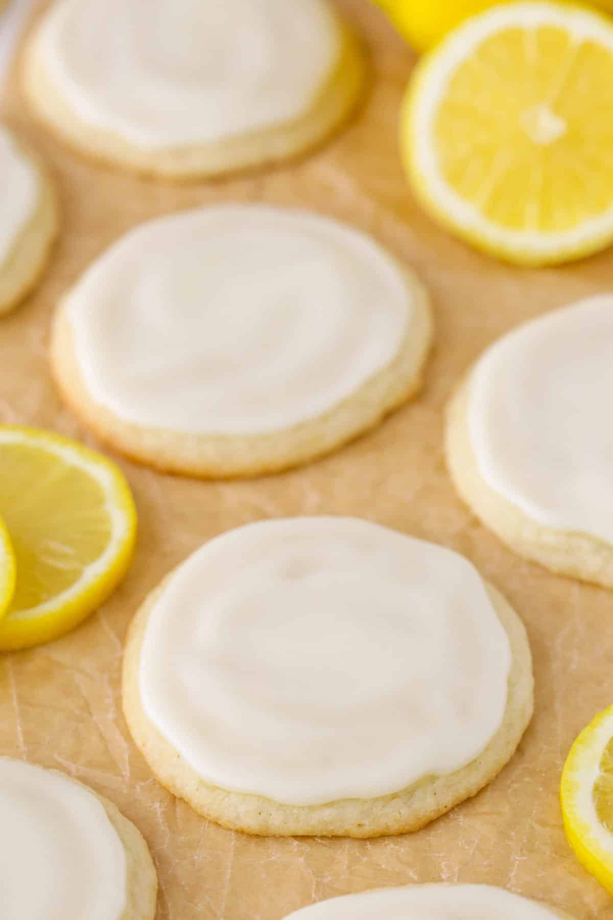 Close up of Limoncello Cookies on crinkled parchment paper.