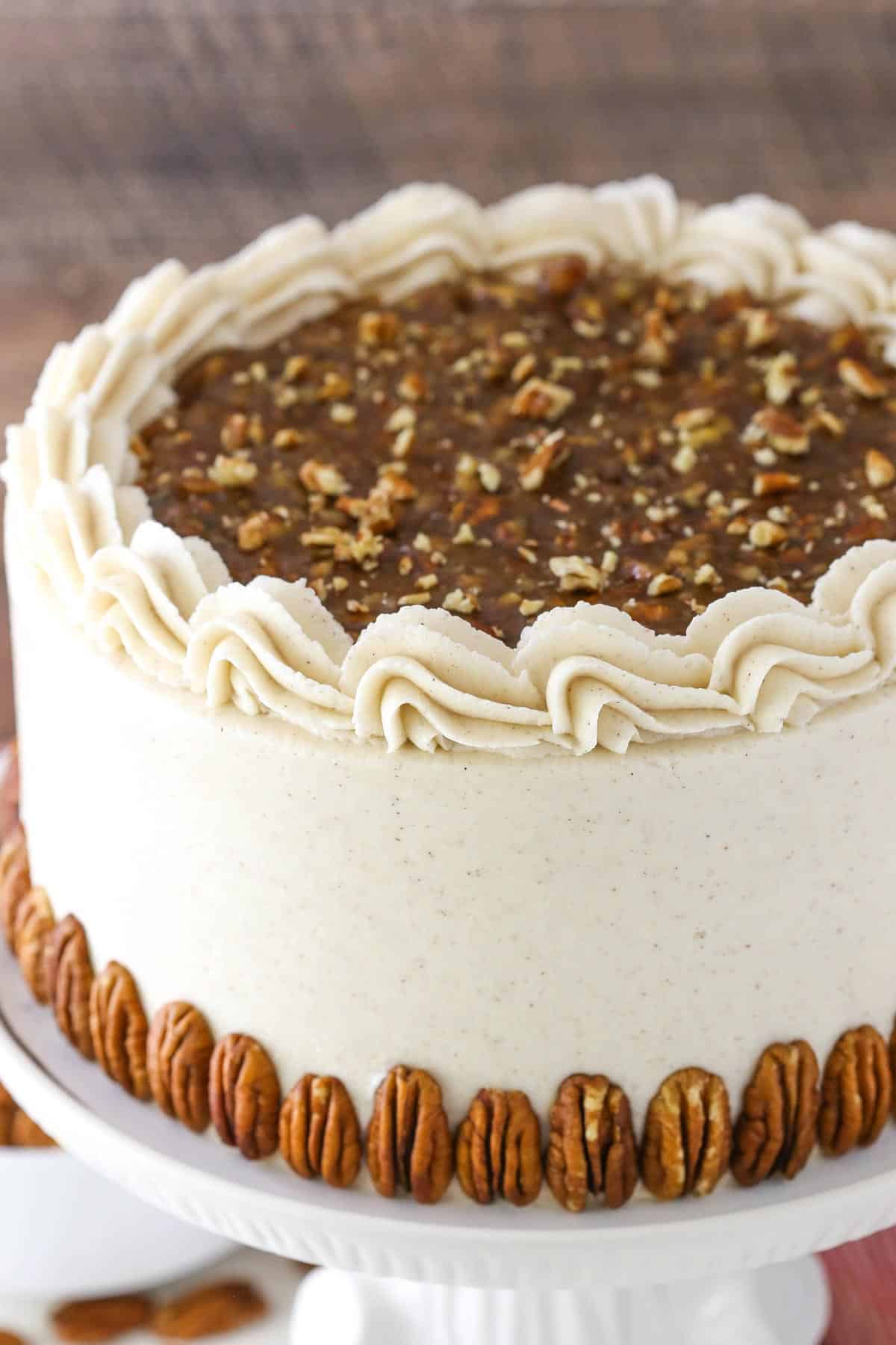 Side view of a pecan pie layer cake.