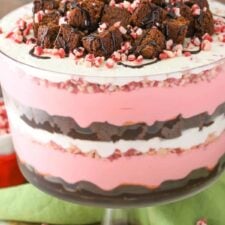 Close up of a peppermint cheesecake brownie trifle.