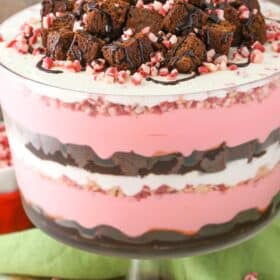 Close up of a peppermint cheesecake brownie trifle.