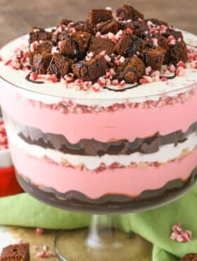 Close up of a peppermint cheesecake brownie trifle.