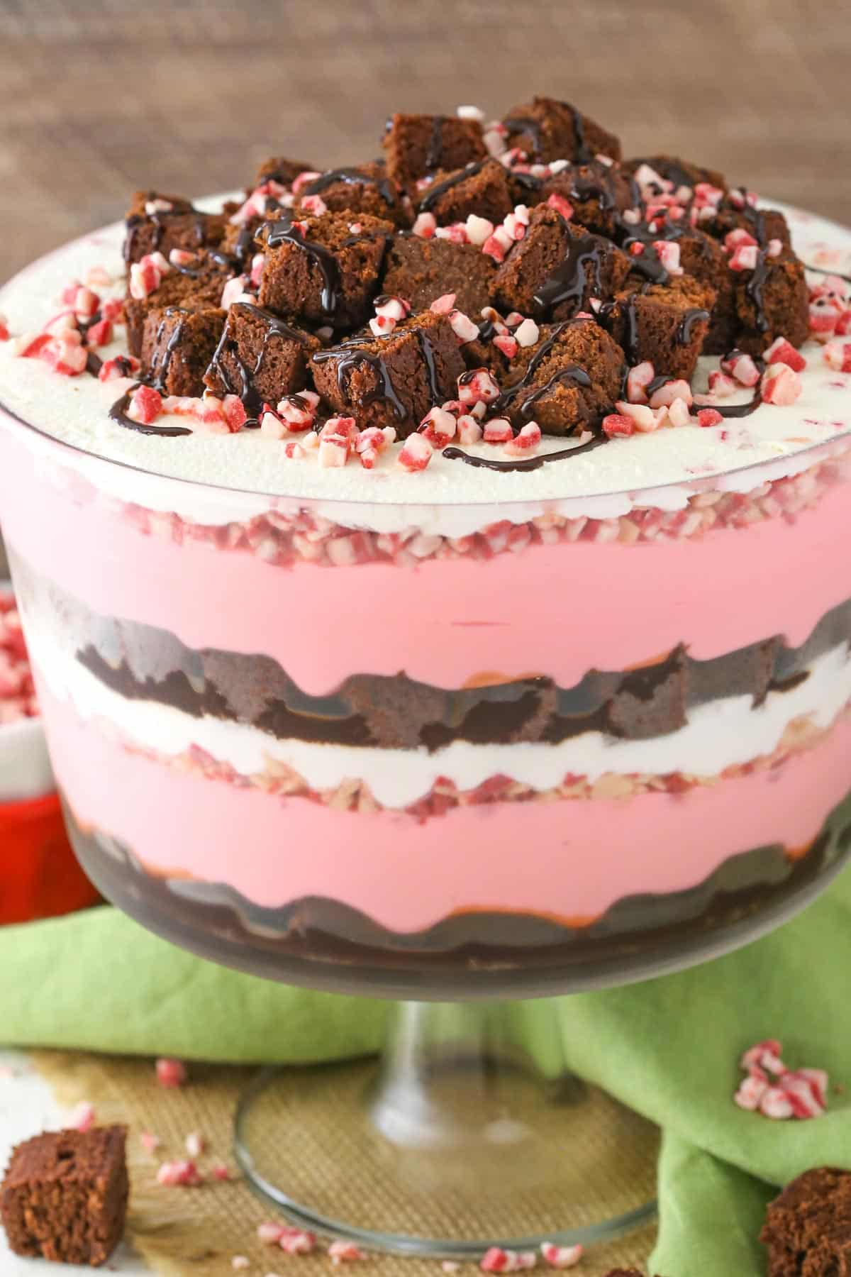 Close up of a peppermint cheesecake brownie trifle.