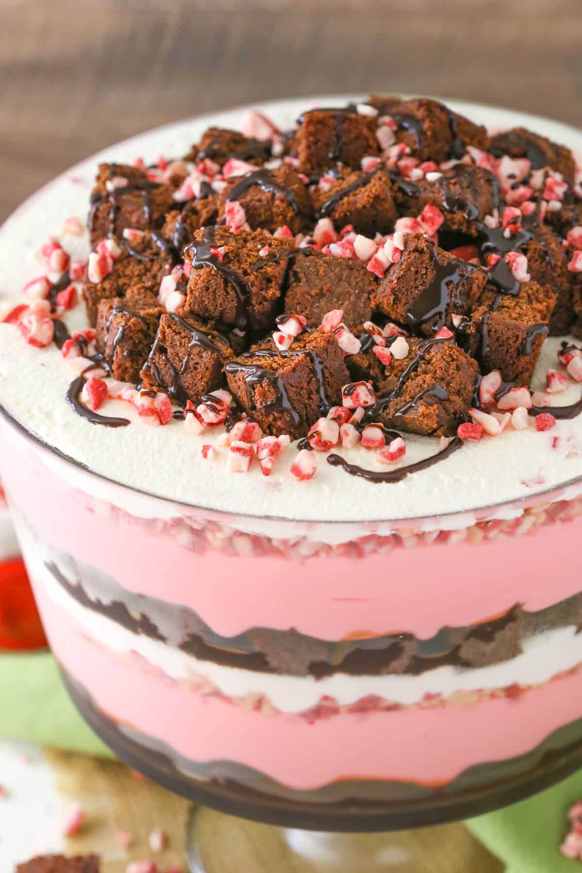 Close up of a peppermint cheesecake brownie trifle.