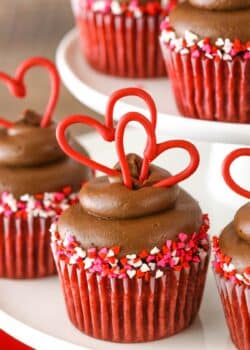 Close up of a red velvet cupcake with chocolate cream cheese frosting.