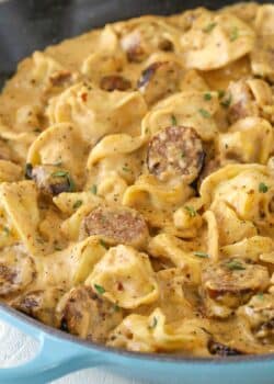 A pan of Sausage Tortellini Alfredo.