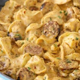 A pan of Sausage Tortellini Alfredo.