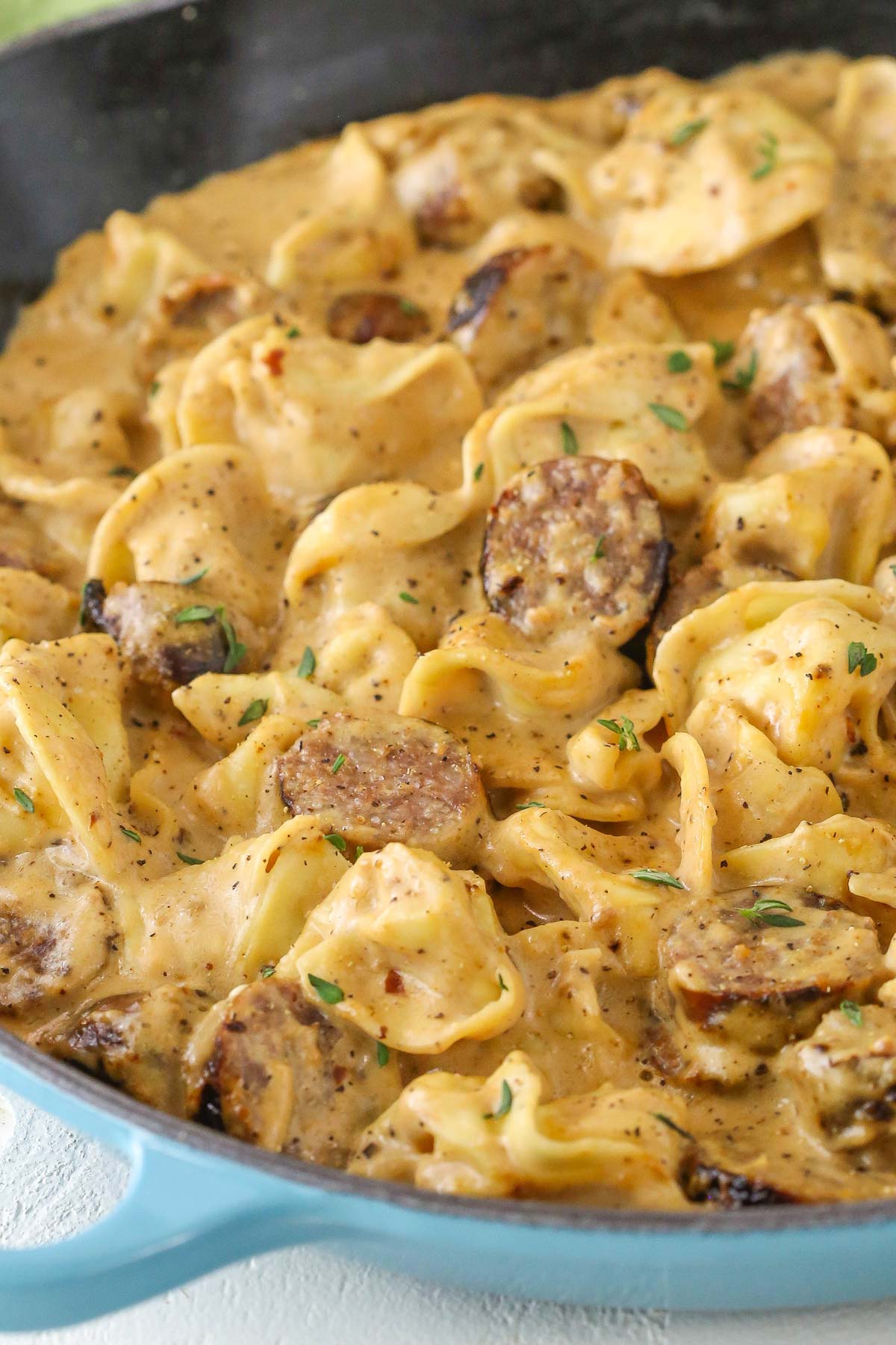 A pan of Sausage Tortellini Alfredo.