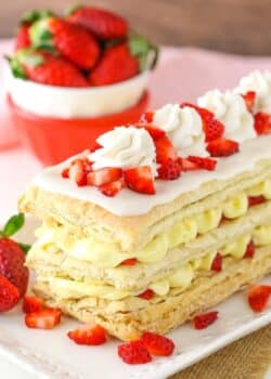 Close up of the corner of a Strawberry Napoleon.
