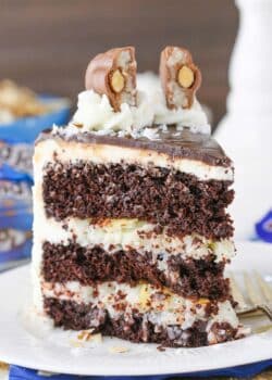 A slice of almond joy layer cake on a small white plate.