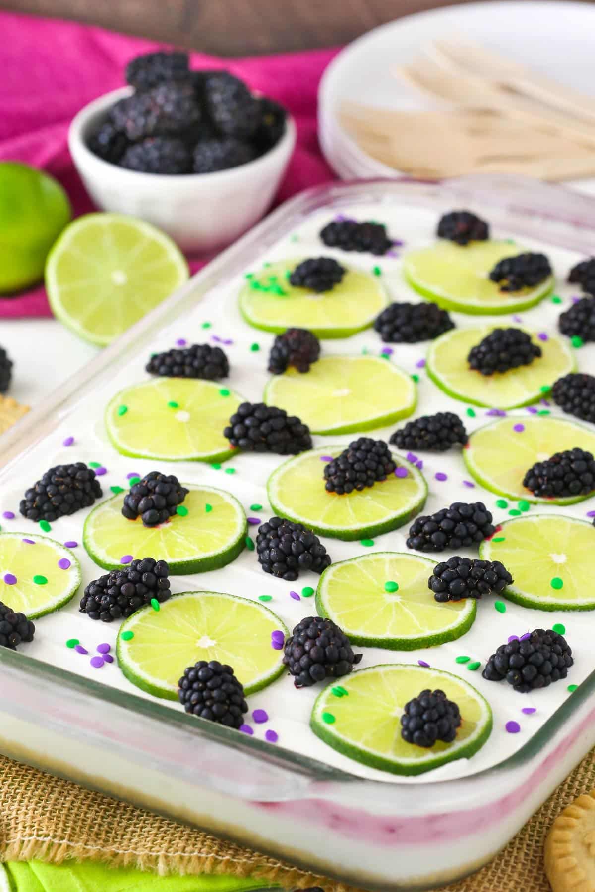 A pan of blackberry lime lush.