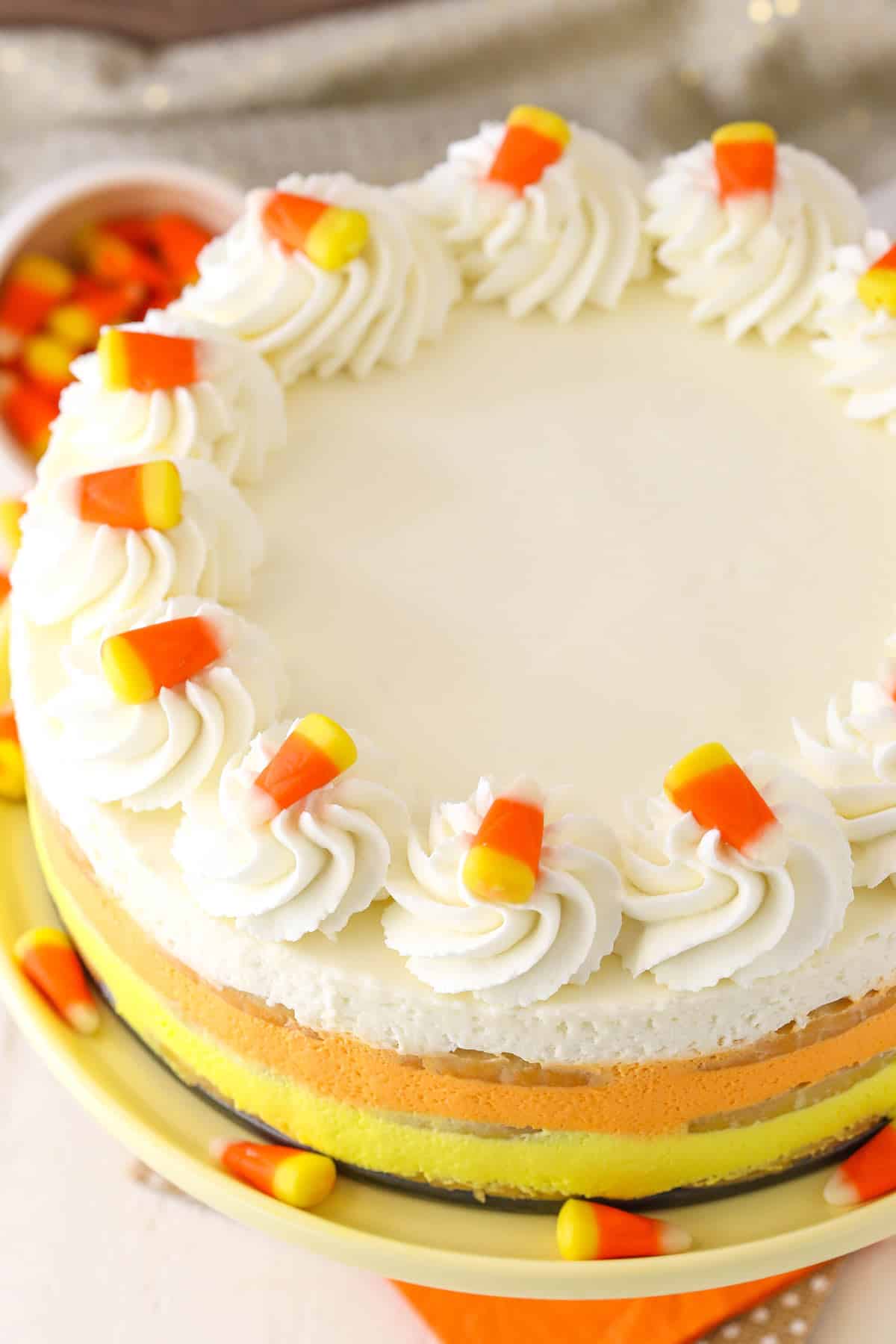 Top view of a candy corn icebox cake.