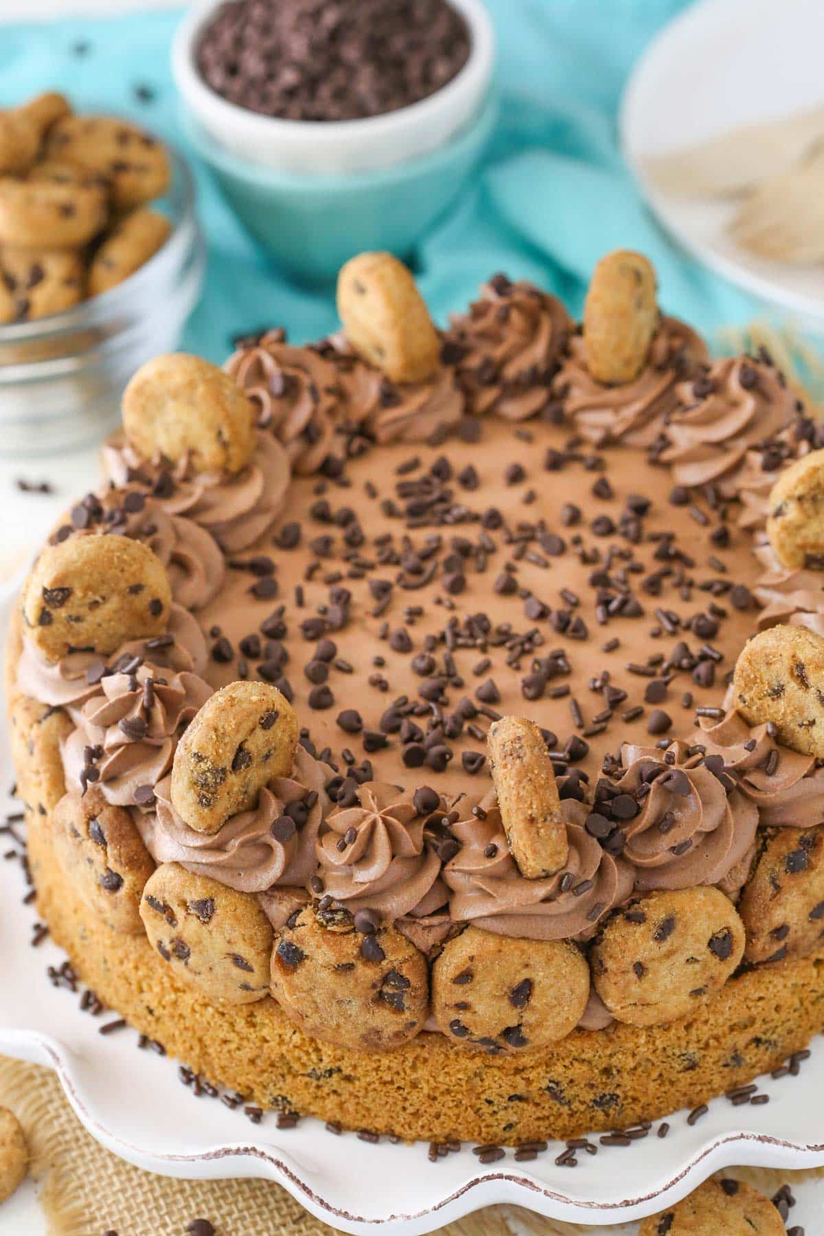 Top view of a chocolate chip cookie crust cheesecake.