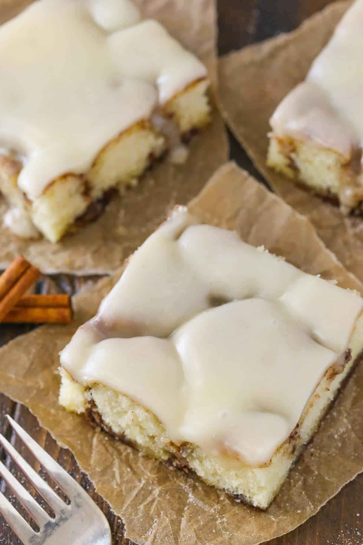 Top view of a slice of cinnamon roll snack cake.