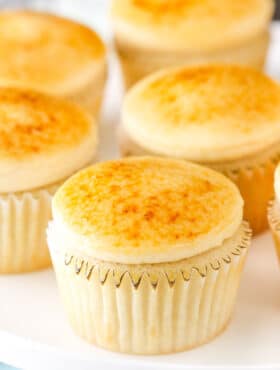 Close up of creme brulee cupcakes.