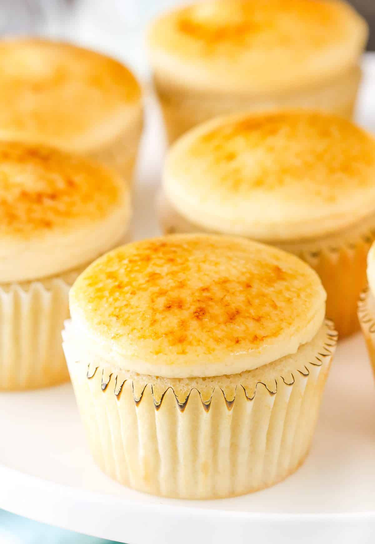 Close up of creme brulee cupcakes.