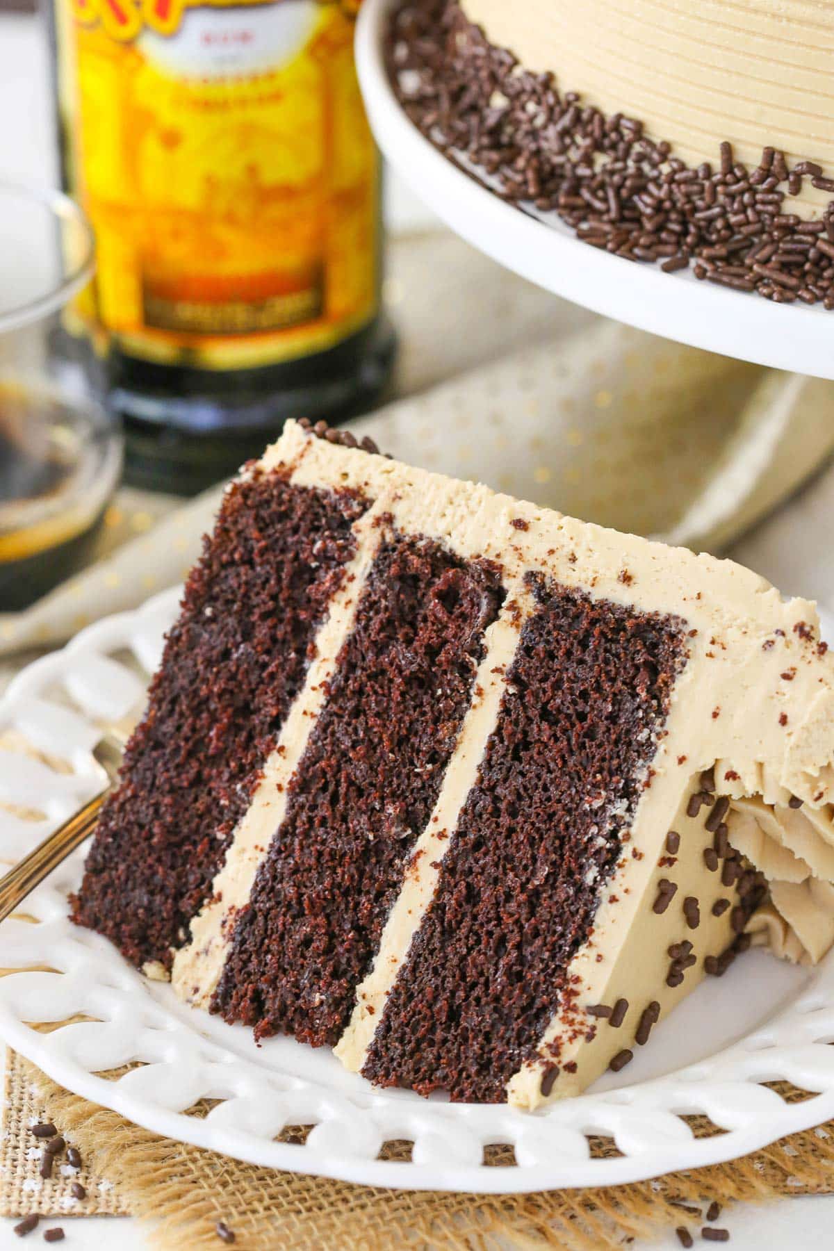 Close up of a slice of Kahlua coffee chocolate layer cake.